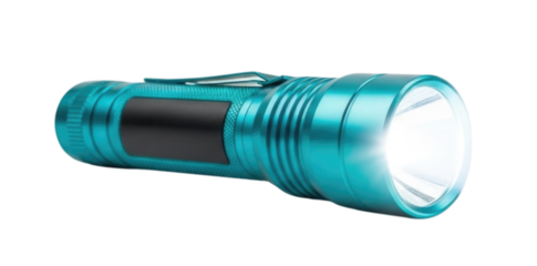 Teal Aluminum LED Flashlight Shining Bright Beam Isolated PNG Cutout Transparent