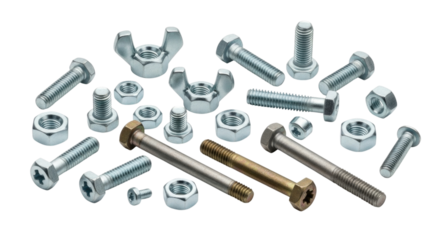Assortment of Metal Bolts and Nuts Hardware Isolated PNG Cutout Transparent