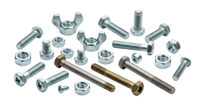 Assortment of Metal Bolts and Nuts Hardware Isolated PNG Cutout Transparent
