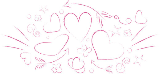 Whimsical vector doodle arrangement of hand drawn hearts, Cupid's arrows, and stars in a crayon-style pink outline, perfect as a romantic website divider or Valentine's Day graphic banner.