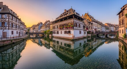 Fototapeta premium Charming european canal at sunrise with half-timbered buildings in strasbourg
