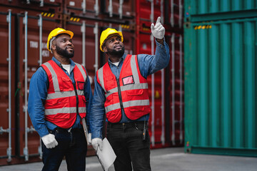 Obraz premium Two men wearing safety gear and pointing at a laptop