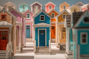 Colorful tiny homes display showcasing various designs and layouts for compact living spaces in a creative setting