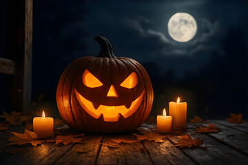 Obraz premium Spooky carved pumpkin lantern glows with warm candlelight on a rustic wooden table under a full moon on a dark autumn night, perfect for halloween celebrations and eerie atmosphere.