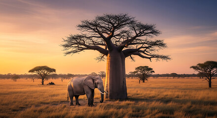 Fototapeta premium Elephant standing near a baobab tree at golden sunset
