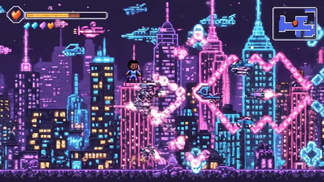 Retro pixel art video game scene with neon cityscape and spaceships
