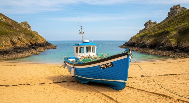 Blue fishing boat on sandy beach with rocky cliffs and clear sea