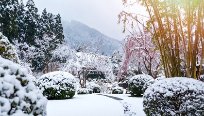 Snowy winter garden path with cherry blossoms