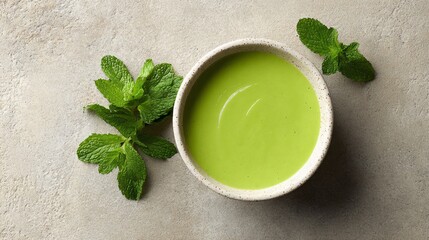 A minimalist flat lay of green pea soup with mint, on neutral concrete surface