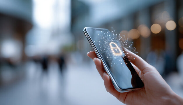 Mobile access security, Woman uses her smartphone with padlock symbol, emphasizing data protection and digital security while browsing online, cybersecurity protection