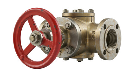 Industrial Gate Valve with Red Hand Wheel and Flanges Isolated PNG Cutout Transparent