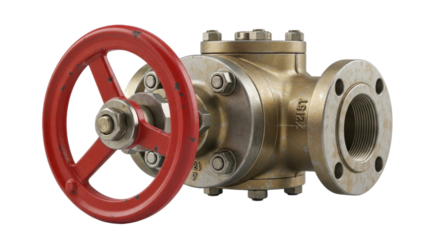 Industrial Gate Valve with Red Hand Wheel and Flanges Isolated PNG Cutout Transparent