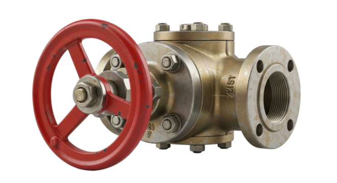 Industrial Gate Valve with Red Hand Wheel and Flanges Isolated PNG Cutout Transparent