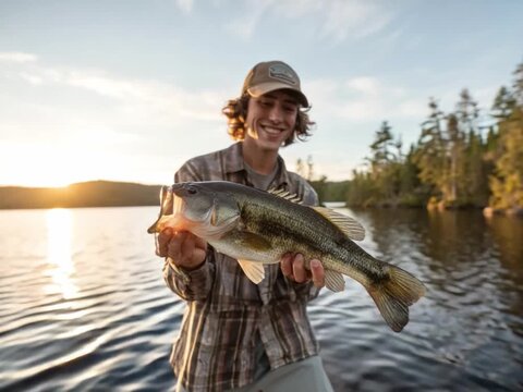 Fisherman's Prize: A beaming young man proudly displays his impressive catch, a largemouth bass, against the tranquil backdrop of a serene lake and the warm glow of the setting sun. 
