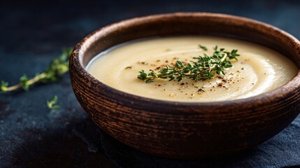 A rustic ceramic bowl of creamy parsnip soup with thyme garnish, dark moody background