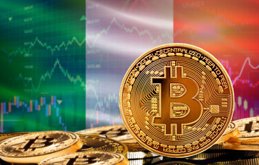 Investors in cryptocurrency and Blockchain Technology in Italy, Concept. Bitcoin with Italian flag
