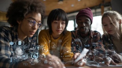 Tech Savvy Gathering: A diverse group of young individuals huddled together, their gazes fixed on a mobile device, as digital symbols overlay the scene, a nod to the digital age. - Powered by Adobe