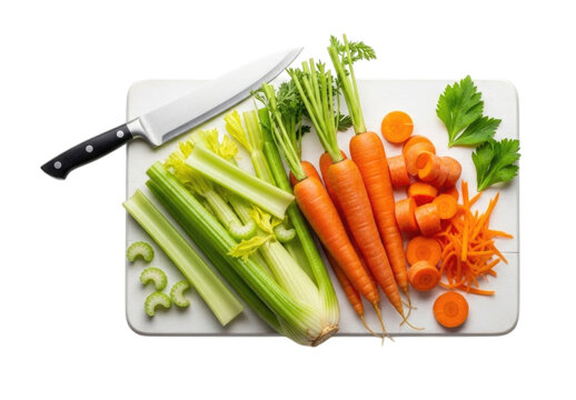 Fresh Cut Celery and Carrots on White Cutting Board with Knife Isolated PNG Cutout Transparent