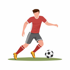 Obraz premium Male soccer player in red jersey dribbling a football on a green field during a game.