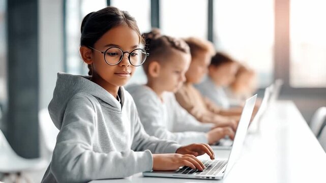 Digital Classroom: Young students diligently type on laptops, immersed in a modern digital classroom setting, embodying focused learning and the integration of technology. - Powered by Adobe