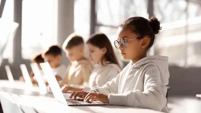 Children engaging Technology: Young students engrossed in coding and exploring the digital world with laptop. showcasing the potential of learning and progress. 