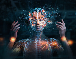 A futuristic visualization of a human brain and nervous system with glowing energy.