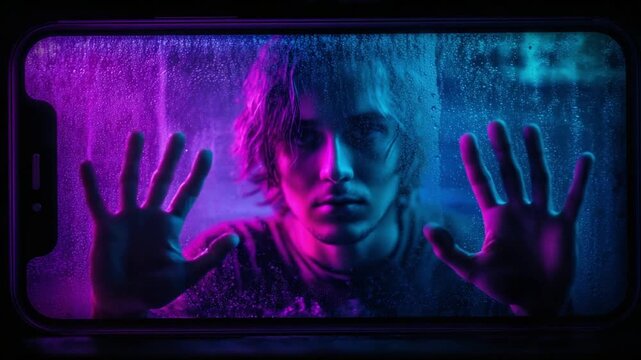 Digital Reflection: A pensive individual is framed within the confines of a digital screen, their hands pressed against the glass, bathed in vibrant neon hues.