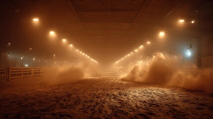 Empty rodeo arena with dust and dramatic lighting creating a sense of anticipation and excitement for the event