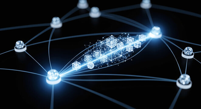 Abstract Glowing Network Nodes Connected By Light Beams On Black Background Creates Data Flow
