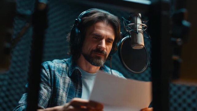 Voice Recording: A focused individual engrossed in his work. He is recording audio in sound studio. A dynamic image of audio recording capturing.
