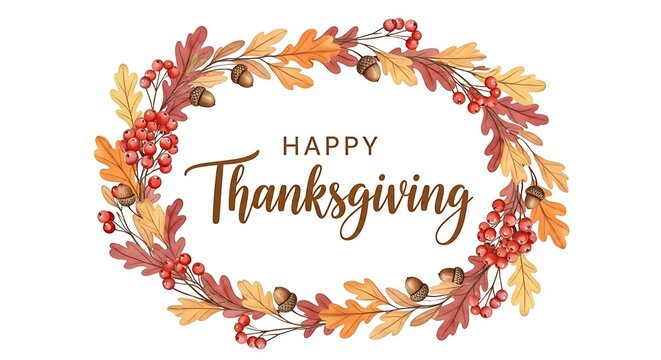 Thanksgiving greeting card with a floral wreath, berries, and autumn leaves, festive holiday.