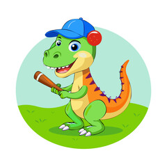 Adorable cartoon dinosaur wearing baseball cap and playing baseball with baseball bat and ball on green grass
