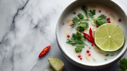 Thai coconut soup with lime and chili, marble surface, clean minimal styling