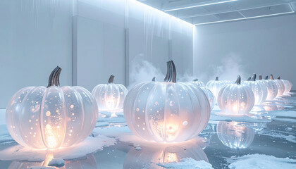 A collection of translucent ice pumpkins arranged in a surreal art installation, each 