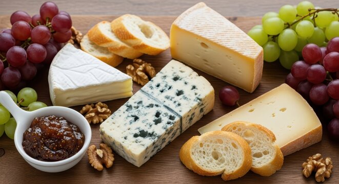 Assorted cheeses with grapes, walnuts, and bread on wooden board - Powered by Adobe