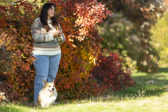 A woman walks her dog in a park. An autumn walk with a pet outdoors.