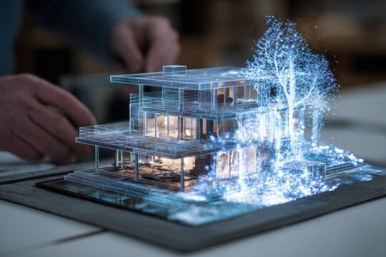 Creative architect demonstrates innovative design process with a vibrant 3D model of a modern building in a studio setting