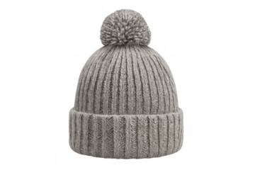 Grey knitted beanie hat with a pom-pom. Soft wool winter headwear for cold weather protection