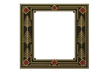 Art deco frame with elegant golden geometric lines and burgundy accents, creating a vintage ornamental border