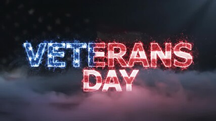 Veterans day text with american flag backdrop and smoke effect. Patriotic memorial for military service and national holiday celebration.