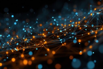 Exploring interconnected tech network data with orange and blue nodes in a dynamic abstract composition
