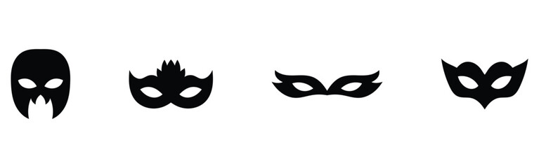 Modern comical vector mask set. isolated black musk icons. Party black musk icons on isolated page. Super-heroes musk icon on white page. Carnival black facial mask set. EPS 10. 