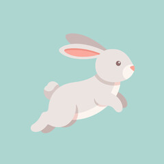 Cartoon illustration of a gray rabbit jumping on a light blue background.
