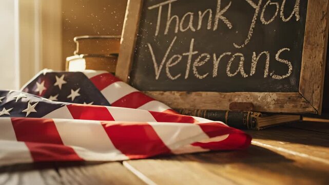 American flag and small chalkboard with Thank you Veterans message on wooden table to honor military service for Veterans Day.