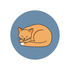 Illustration of a sleeping orange cat curled up on a blue circle background.