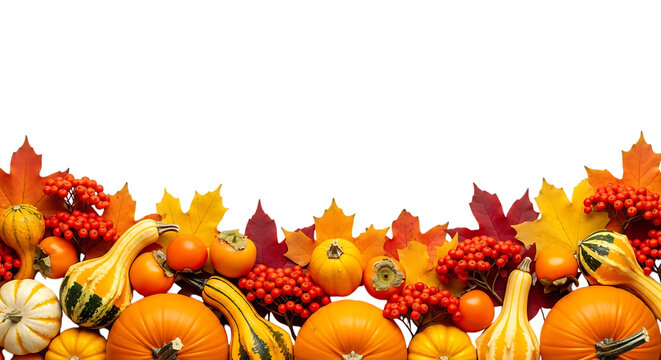 Autumn harvest decoration with pumpkins gourds and berries isolated on transparent background
