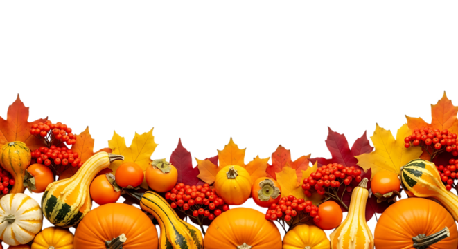 Autumn harvest decoration with pumpkins gourds and berries isolated on transparent background