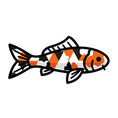 Cartoon koi fish with black, orange, and white markings swimming.
