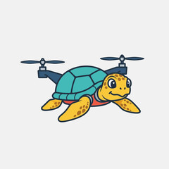 Cartoon turtle with drone propellers attached to its shell, flying.