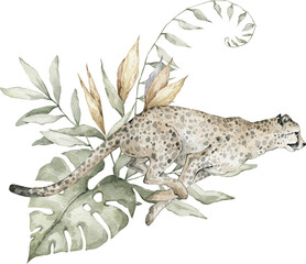 Watercolor running cheetah and tropical leaves.